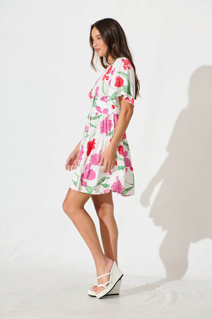 Ailish Dress In White with Red and Purple Flower