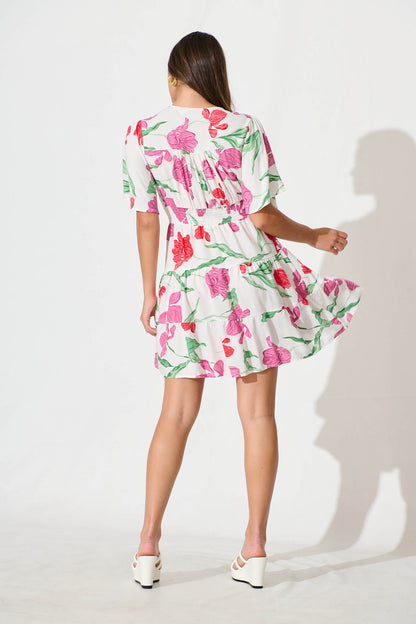 Ailish Dress In White with Red and Purple Flower