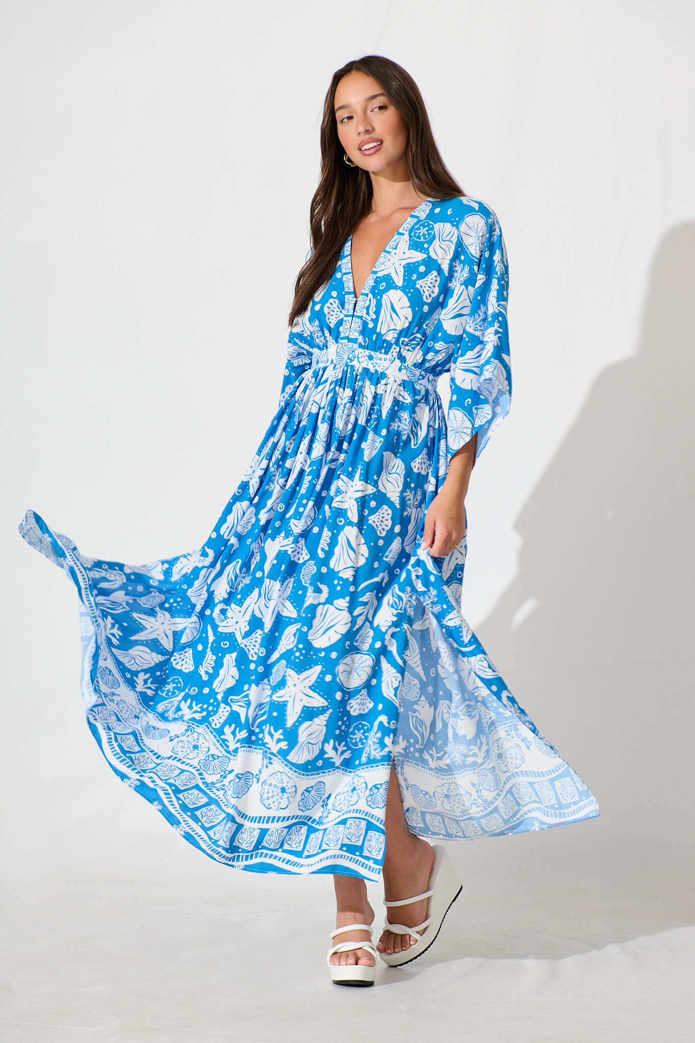 Break Free Maxi Dress In Blue and White Shell Print