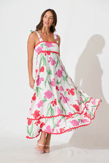 Somerset Maxi Dress in White with Red and Purple Flower