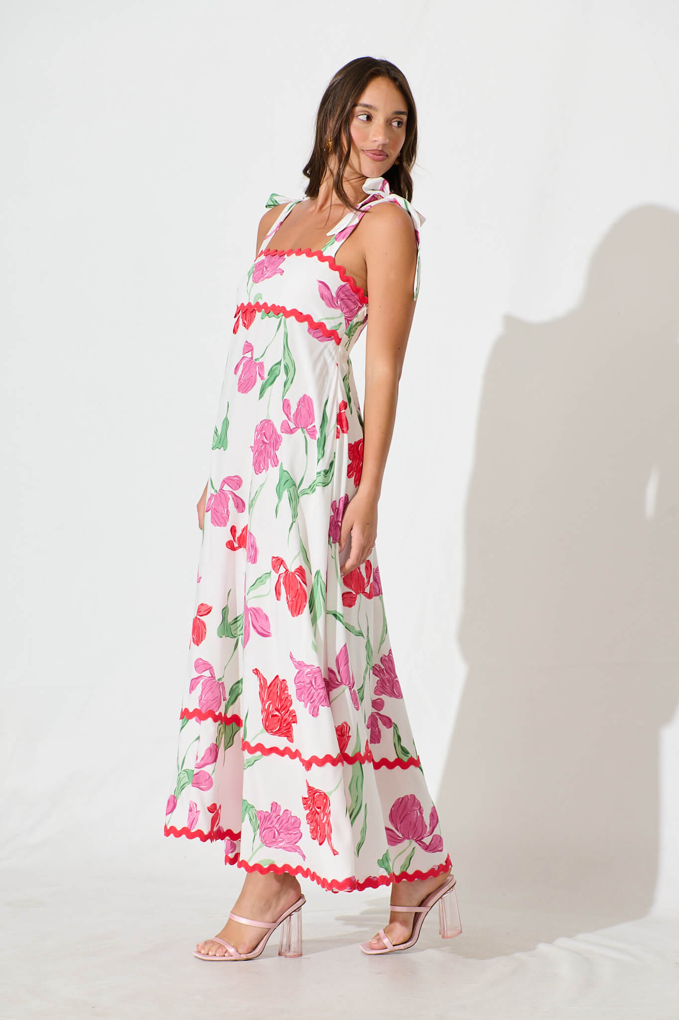 Somerset Maxi Dress in White with Red and Purple Flower