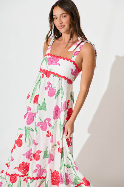 Somerset Maxi Dress in White with Red and Purple Flower