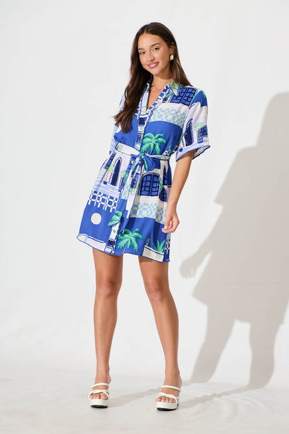 Miela Shirt Dress in Blue with White Print