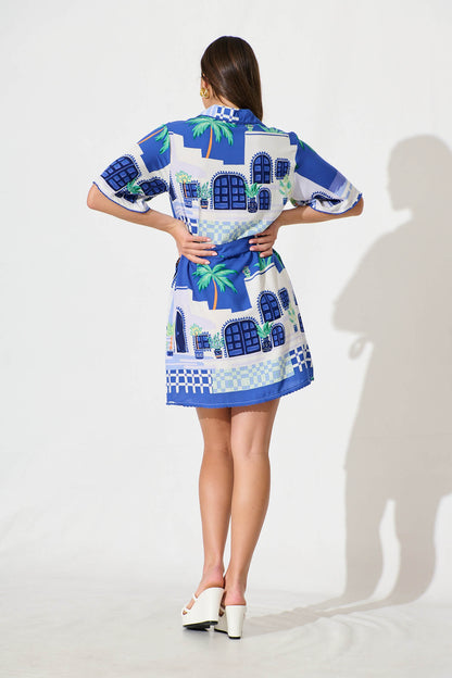 Miela Shirt Dress in Blue with White Print