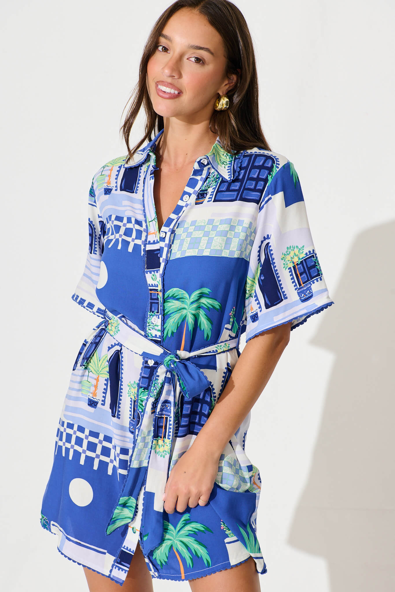 Miela Shirt Dress in Blue with White Print