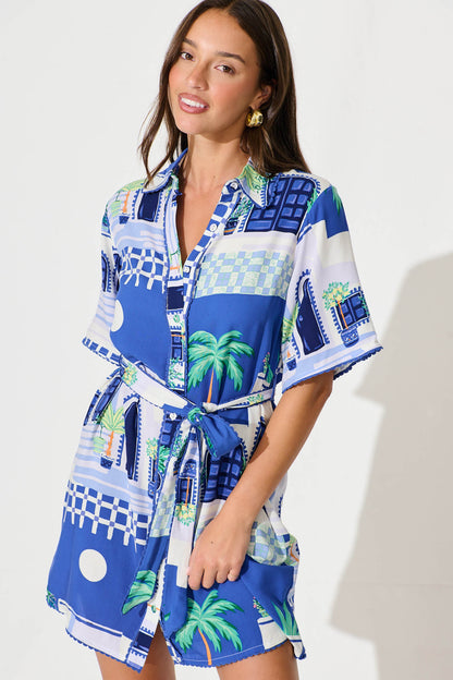 Miela Shirt Dress in Blue with White Print