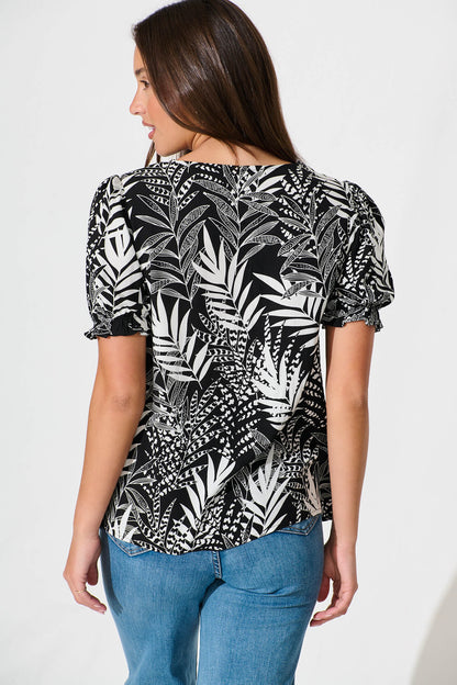 Tessy Top in Black with White Leaf