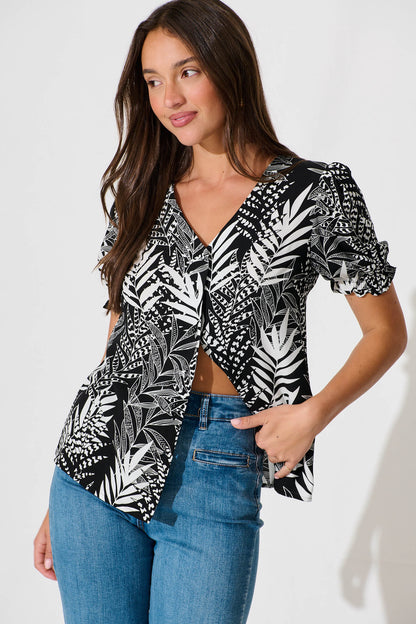 Tessy Top in Black with White Leaf