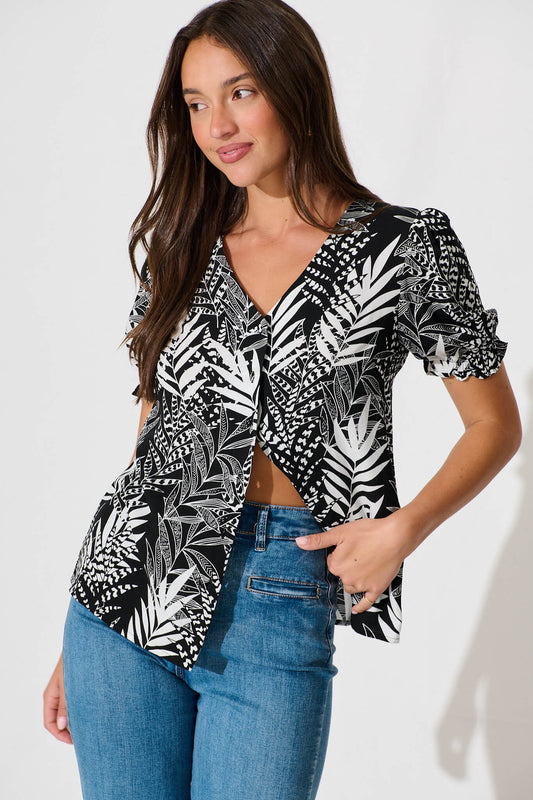 Tessy Top in Black with White Leaf