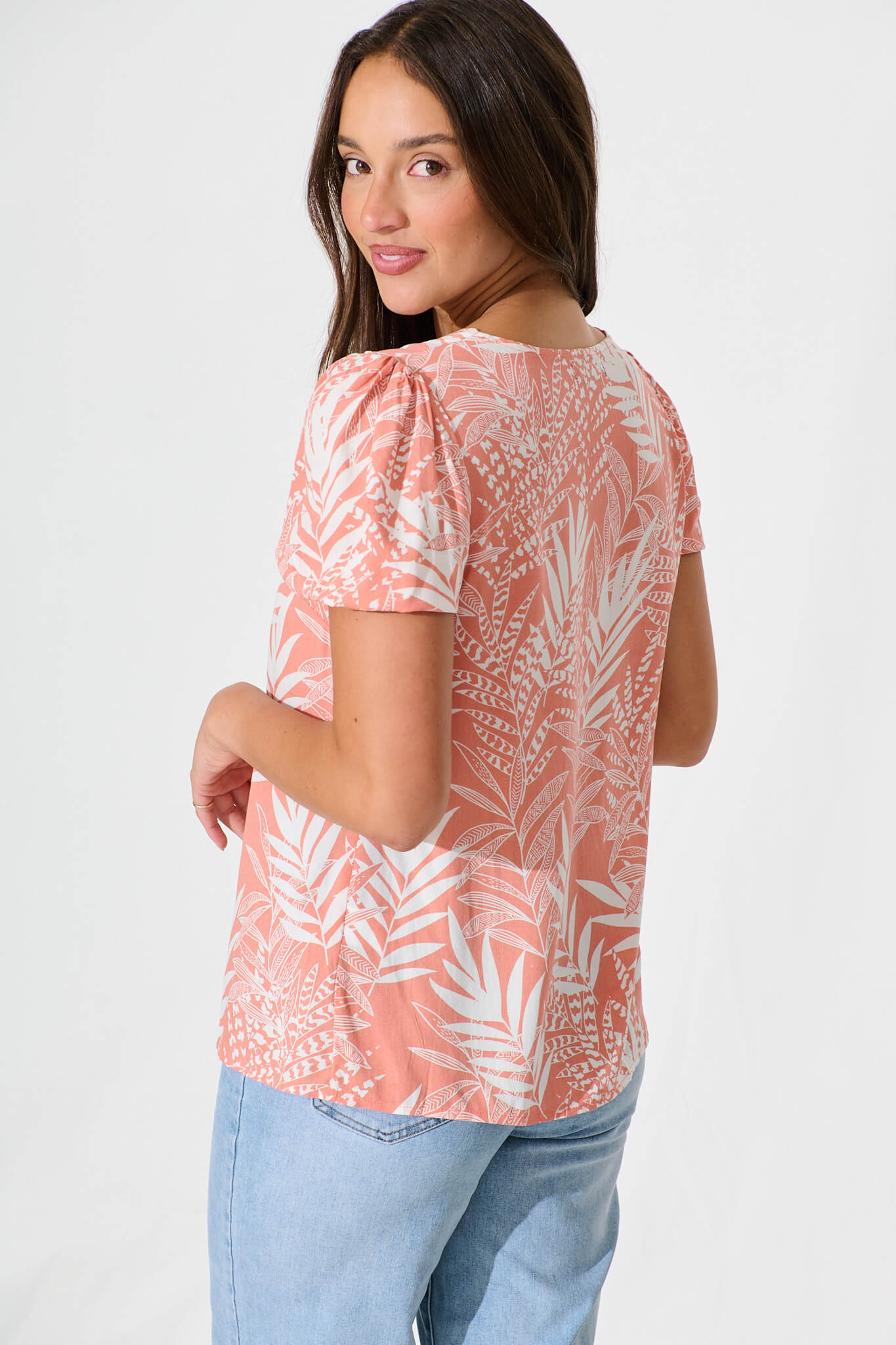 Tessy Top in Peach with White Leaf