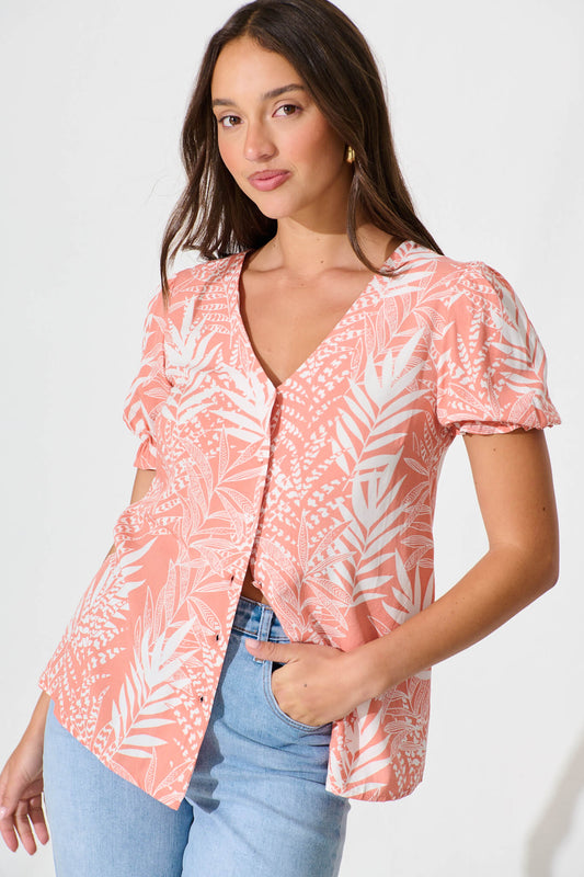 Tessy Top in Peach with White Leaf