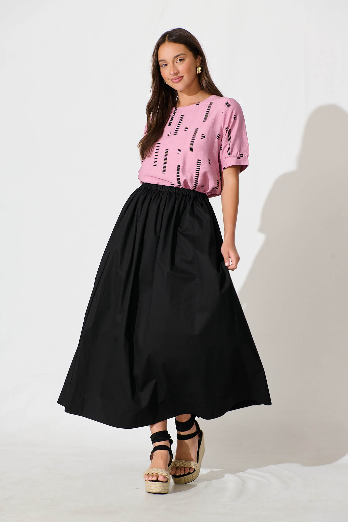 Larsson Top In Pink With Black Print Cotton Blend
