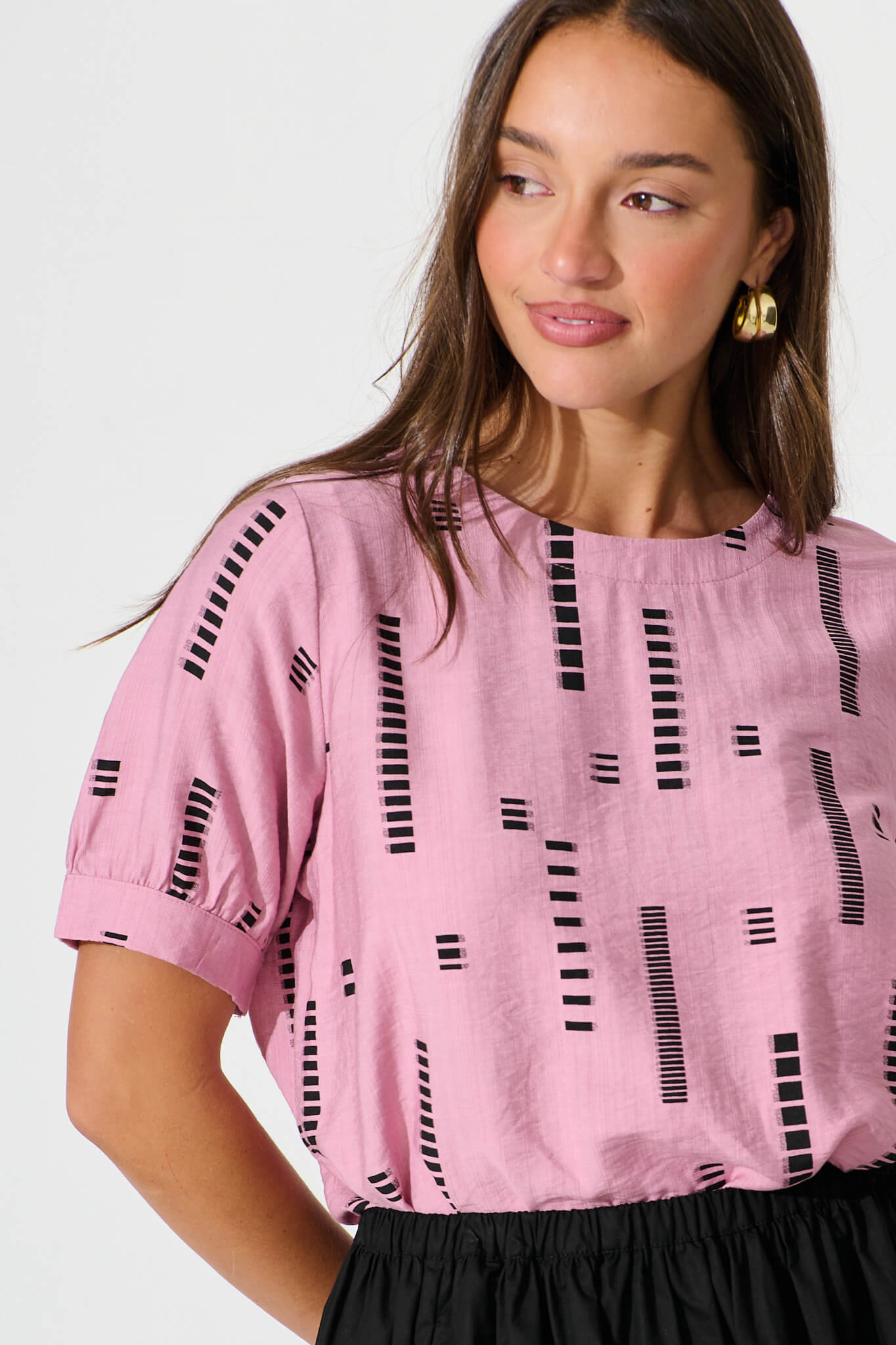 Larsson Top In Pink With Black Print Cotton Blend