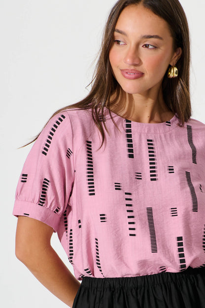 Larsson Top In Pink With Black Print Cotton Blend