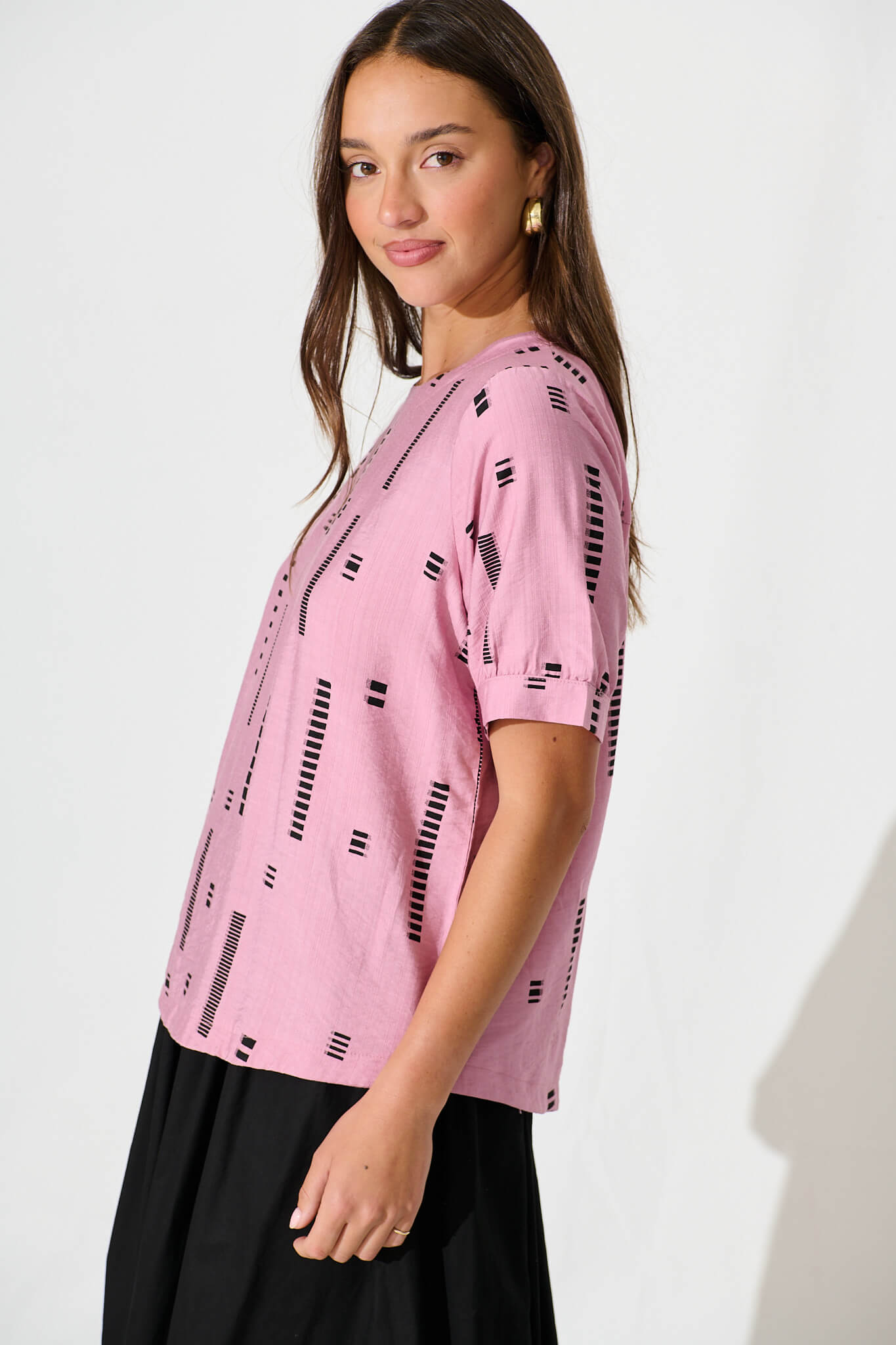 Larsson Top In Pink With Black Print Cotton Blend