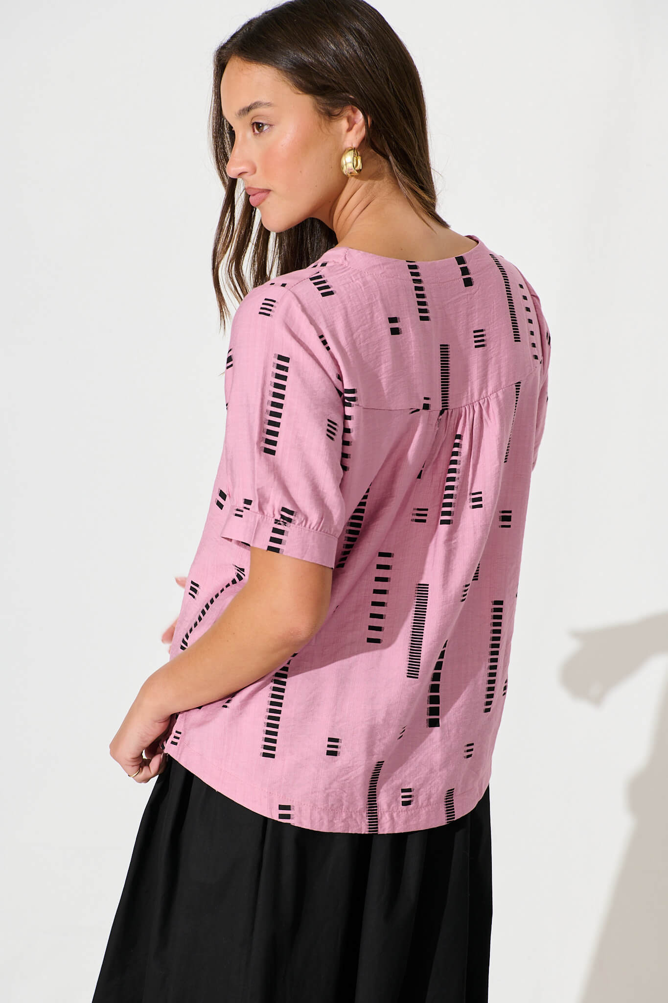 Larsson Top In Pink With Black Print Cotton Blend
