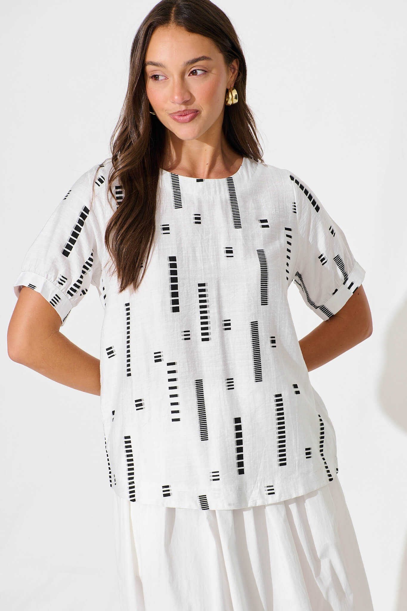 Larsson Top In White with Black Print Cotton Blend