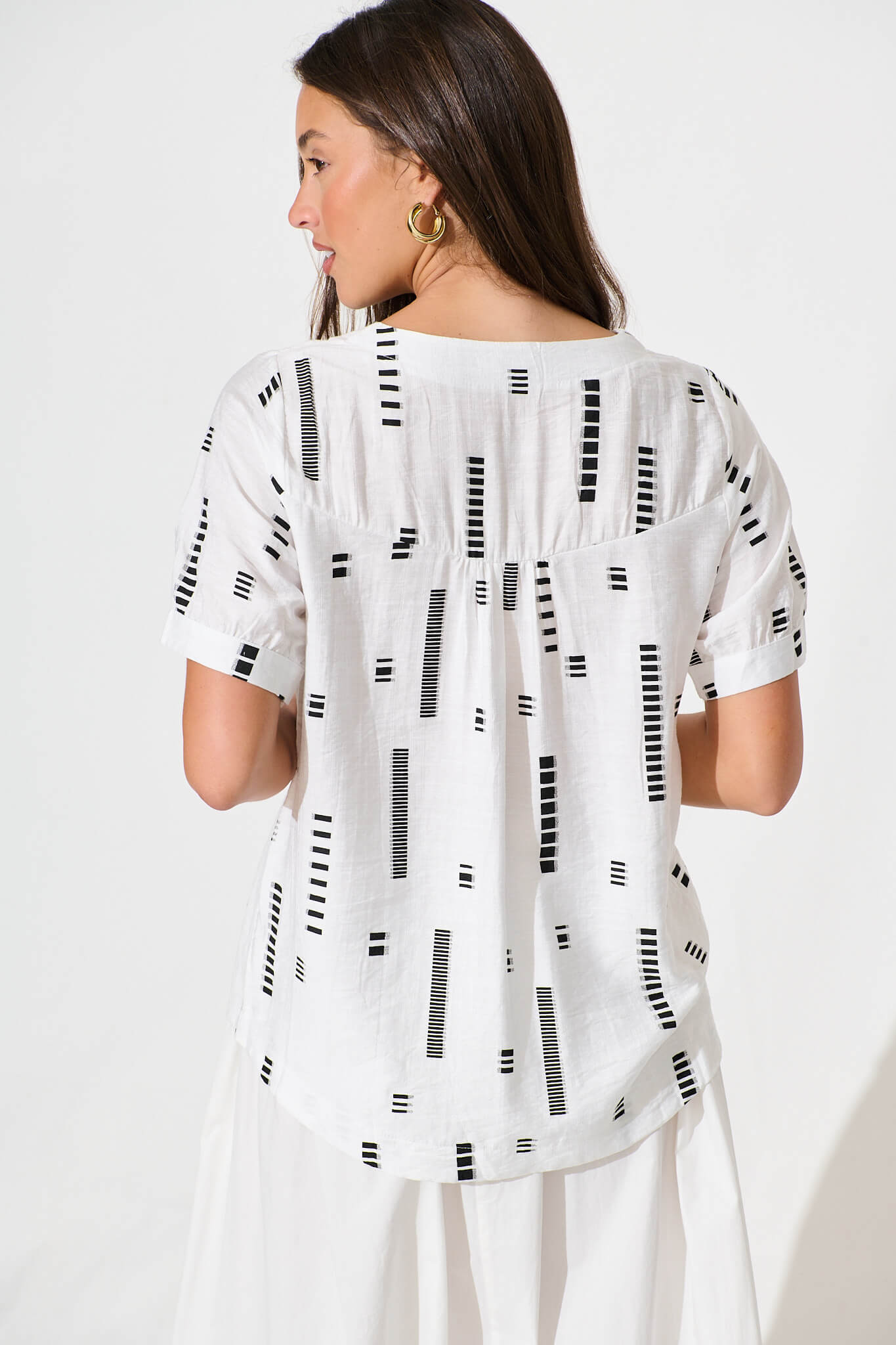 Larsson Top In White with Black Print Cotton Blend