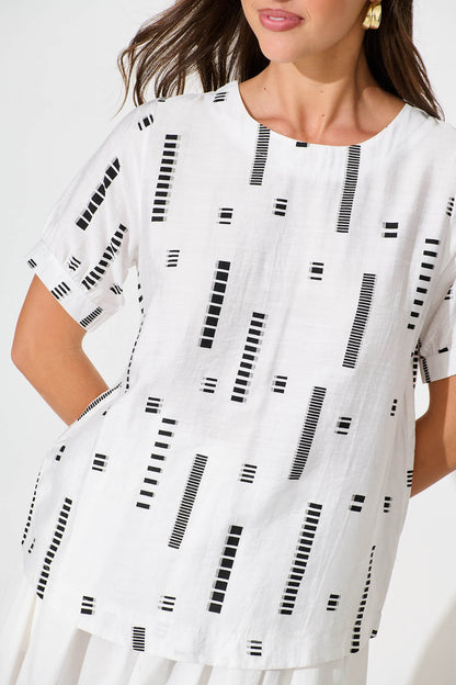 Larsson Top In White with Black Print Cotton Blend