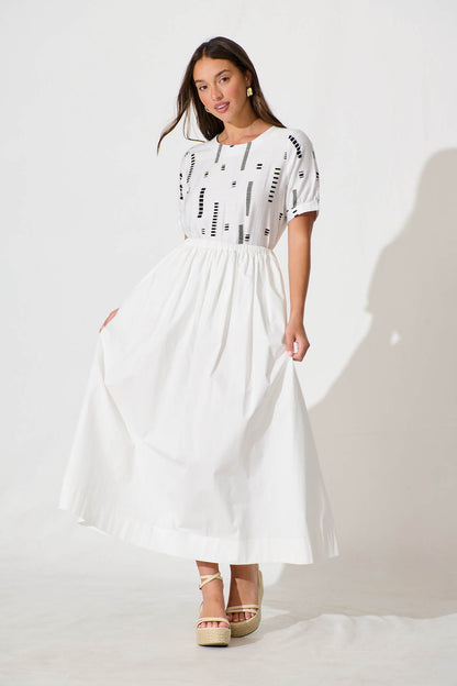 Larsson Top In White with Black Print Cotton Blend