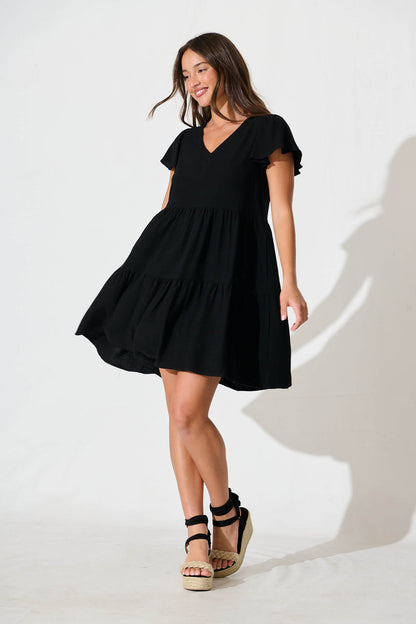 Tahiti Smock Dress In Black Linen Blend