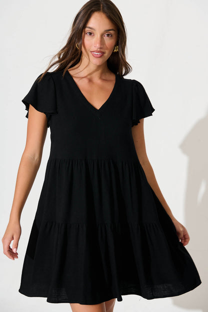 Tahiti Smock Dress In Black Linen Blend