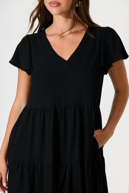 Tahiti Smock Dress In Black Linen Blend
