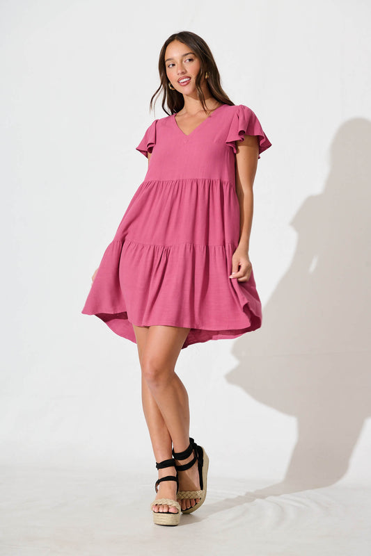Tahiti Smock Dress In Deep Rose Linen Blend
