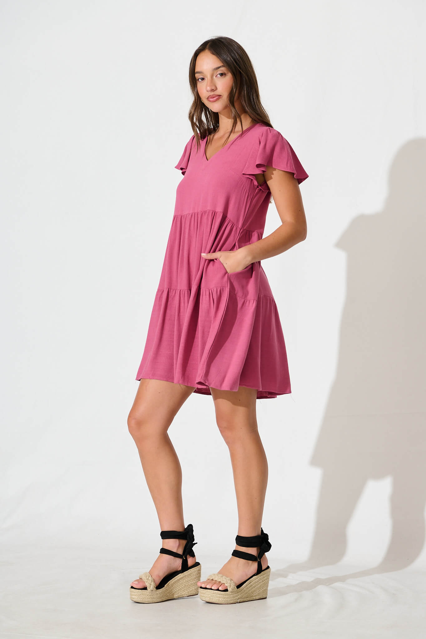 Tahiti Smock Dress In Deep Rose Linen Blend