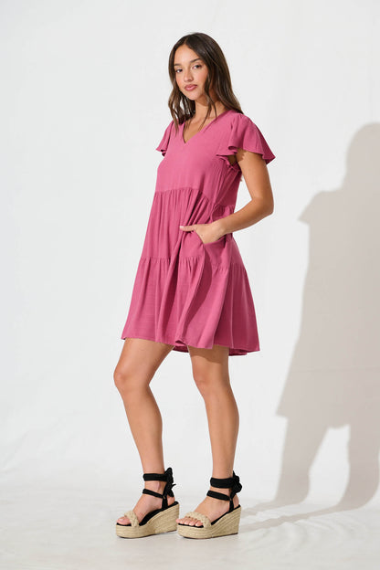 Tahiti Smock Dress In Deep Rose Linen Blend