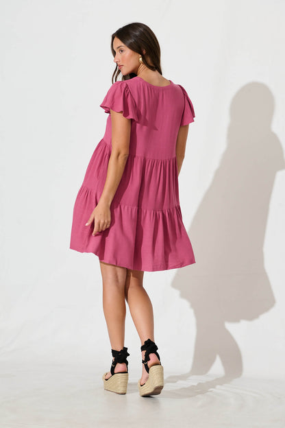 Tahiti Smock Dress In Deep Rose Linen Blend