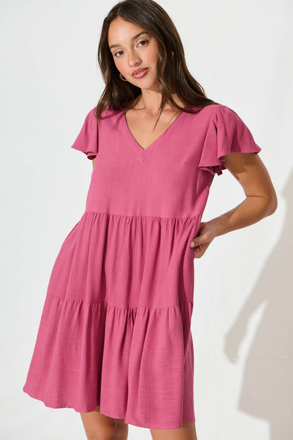 Tahiti Smock Dress In Deep Rose Linen Blend