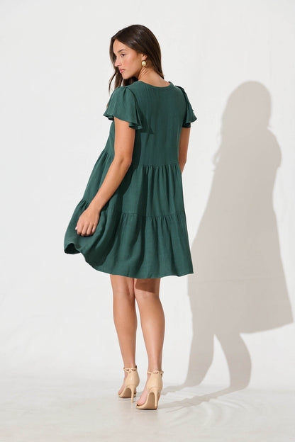 Tahiti Smock Dress In Green Linen Blend