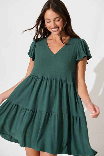 Tahiti Smock Dress In Green Linen Blend