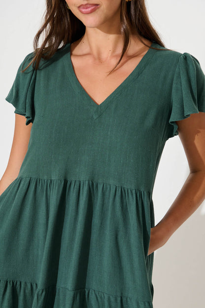 Tahiti Smock Dress In Green Linen Blend