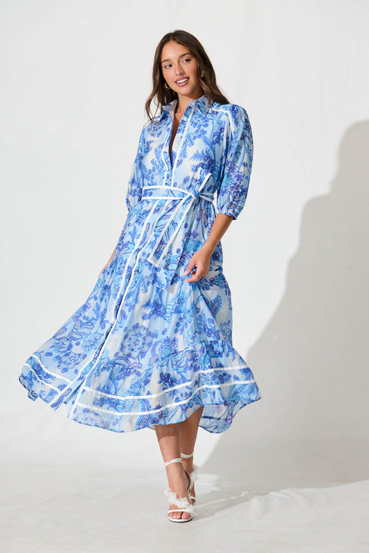 Dion Maxi Shirt Dress In Multi Navy Print