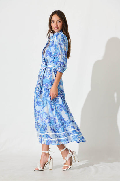 Dion Maxi Shirt Dress In Multi Navy Print
