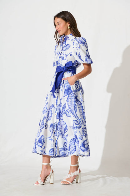 Cacia Maxi Shirt Dress In White With Blue Print Linen Blend