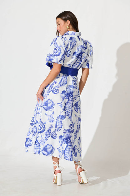 Cacia Maxi Shirt Dress In White With Blue Print Linen Blend