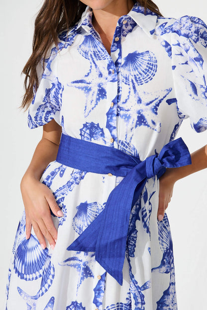 Cacia Maxi Shirt Dress In White With Blue Print Linen Blend