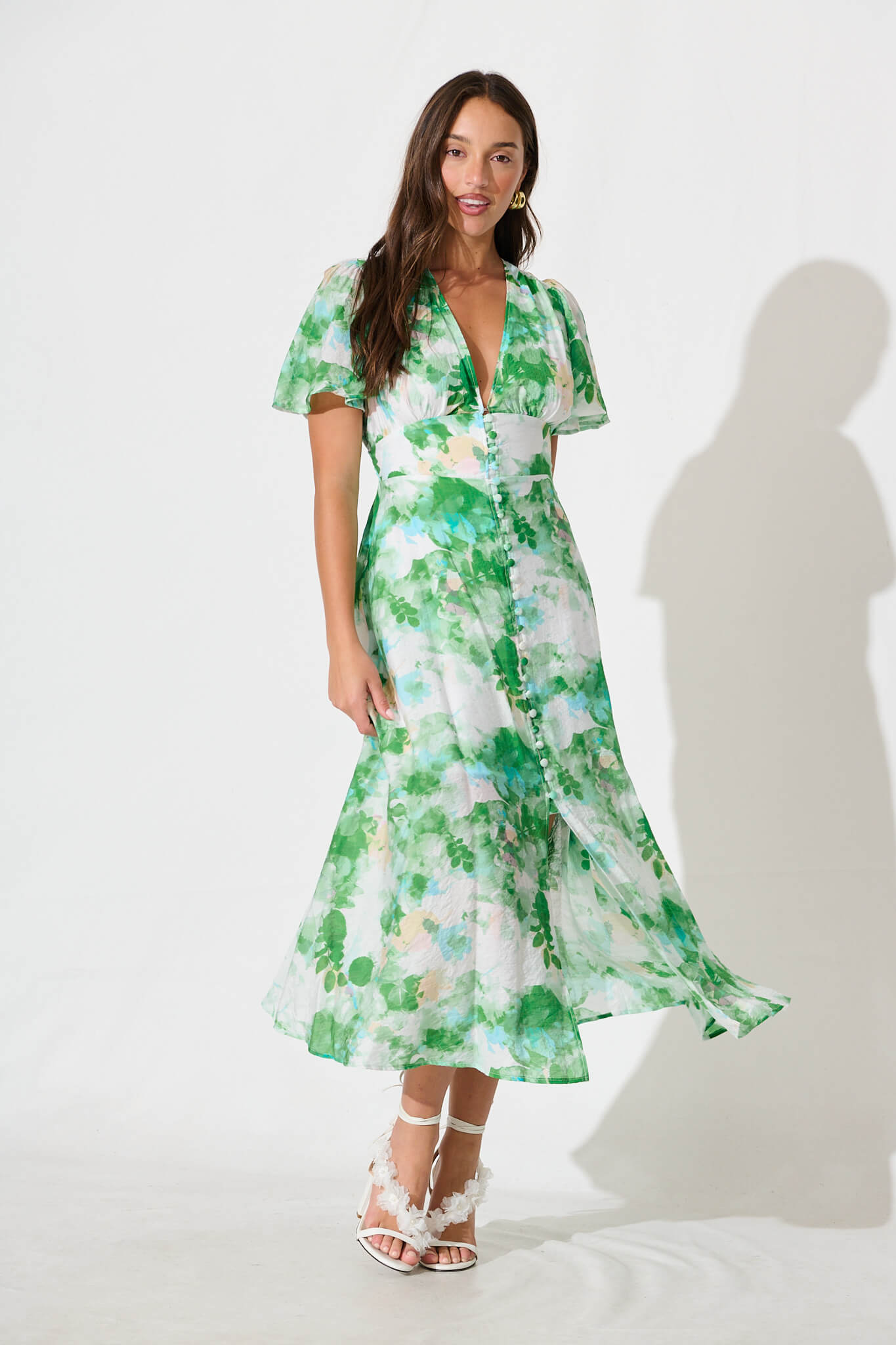 Lovelight Midi Dress in White with Green Floral