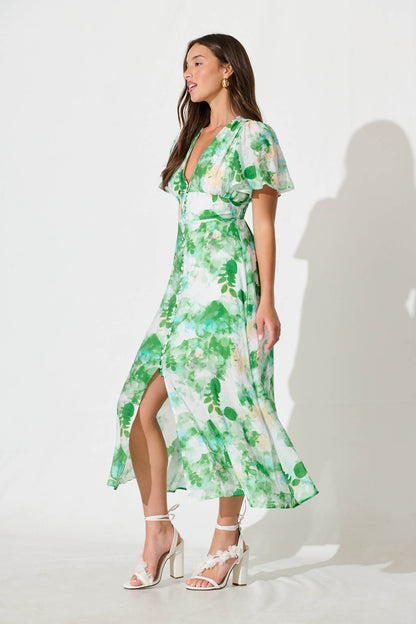 Lovelight Midi Dress in White with Green Floral
