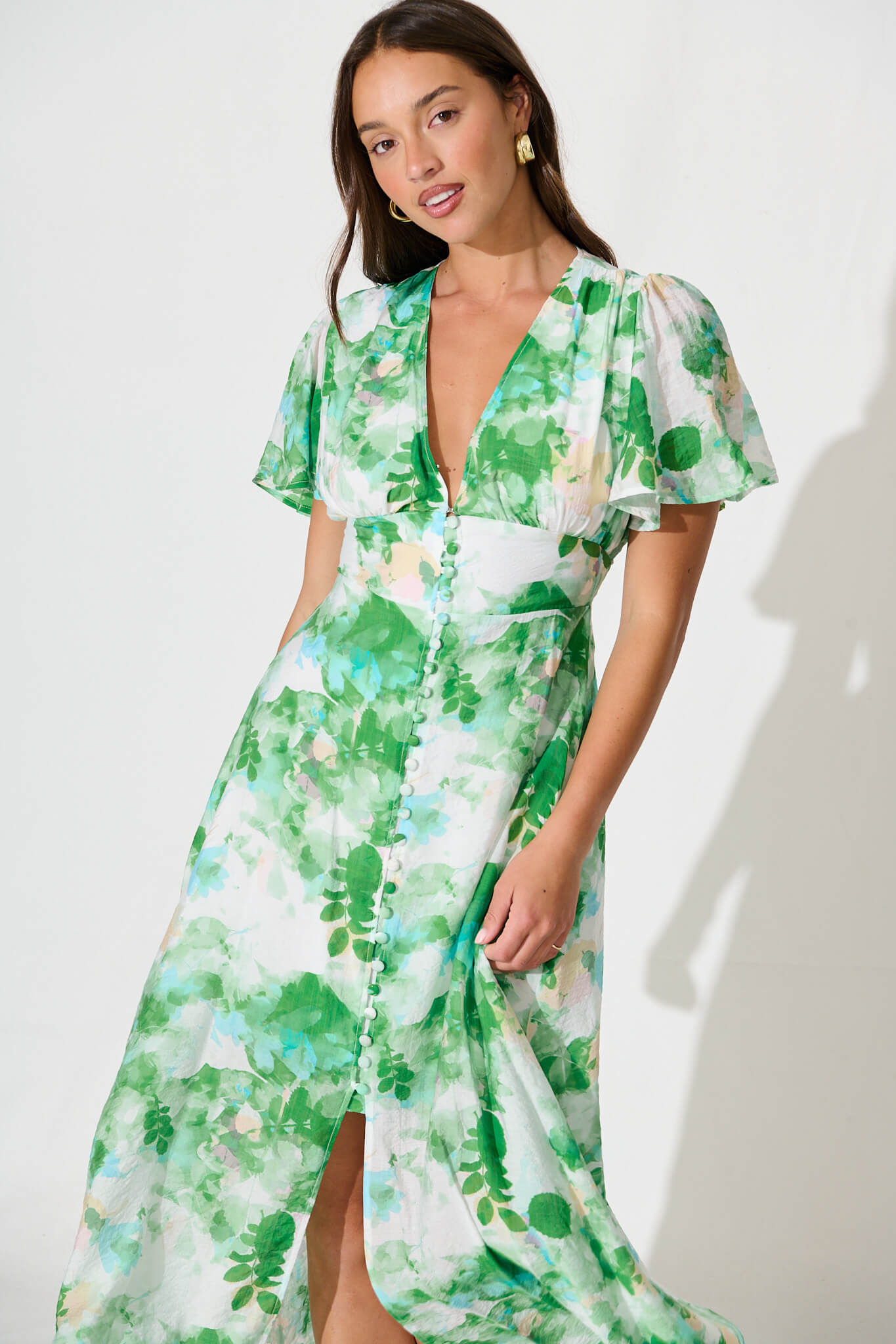 Lovelight Midi Dress in White with Green Floral