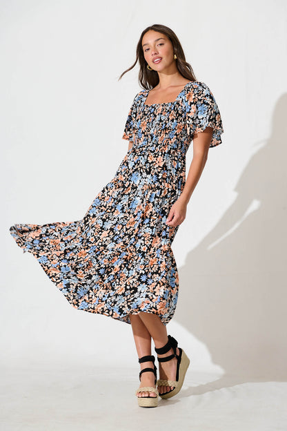 Akino Midi Dress in Black with Multi Floral