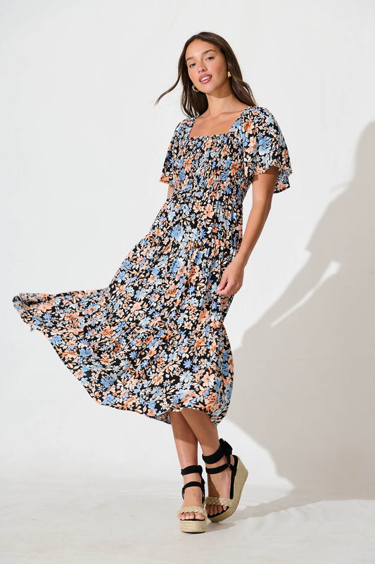 Akino Midi Dress in Black with Multi Floral