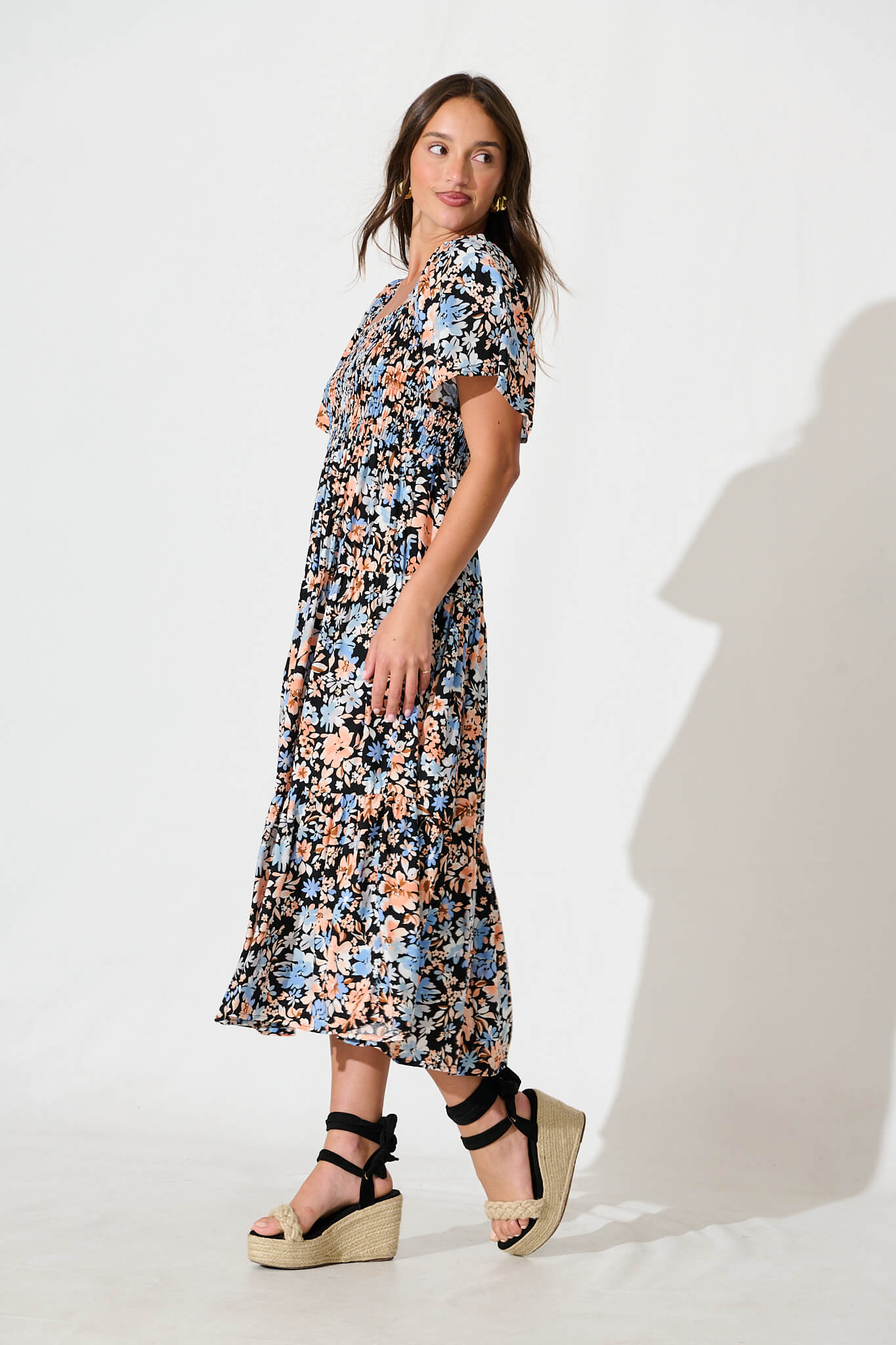 Akino Midi Dress in Black with Multi Floral