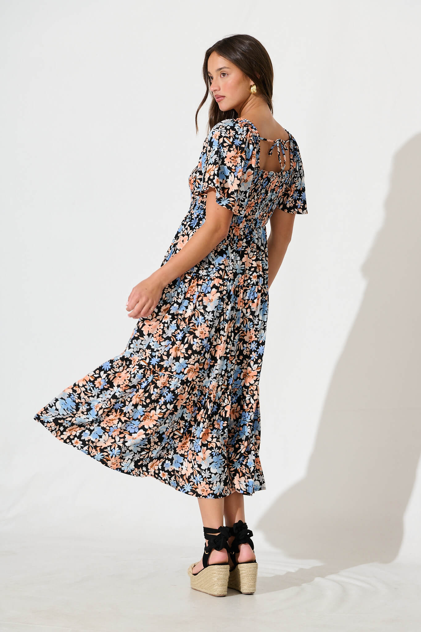 Akino Midi Dress in Black with Multi Floral