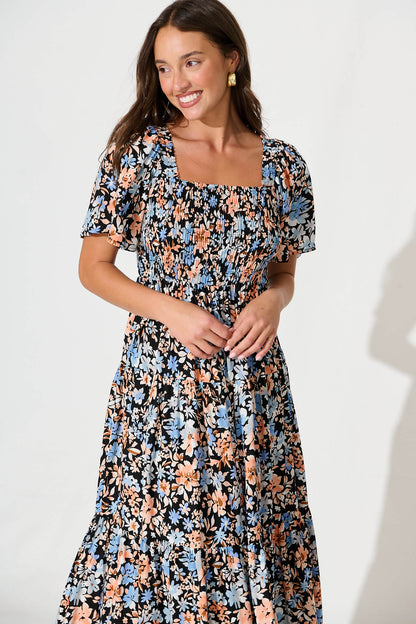 Akino Midi Dress in Black with Multi Floral