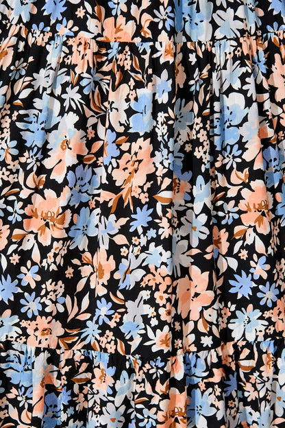 Akino Midi Dress in Black with Multi Floral