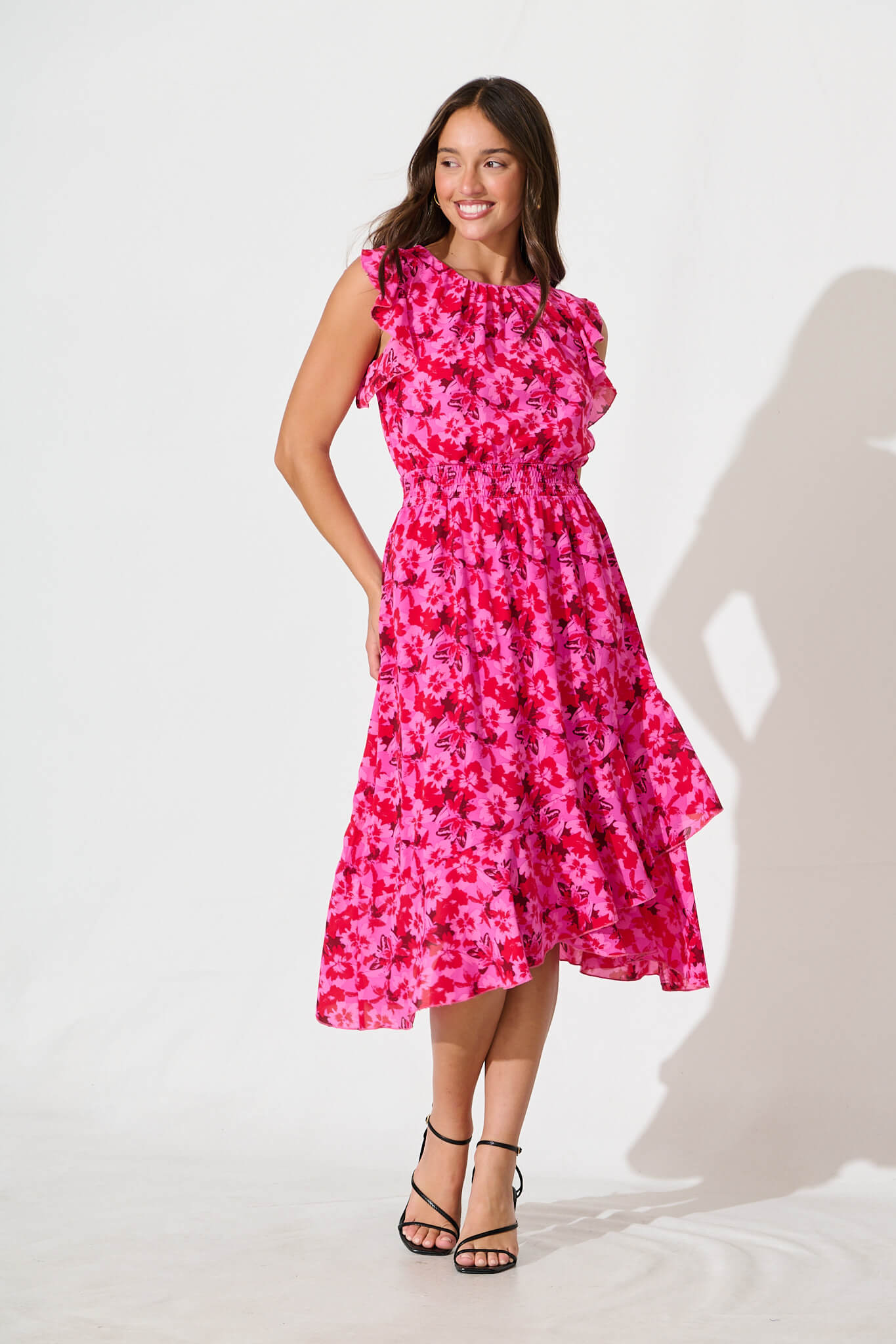 Inaya Midi Dress in Pink and Red Floral Chiffon